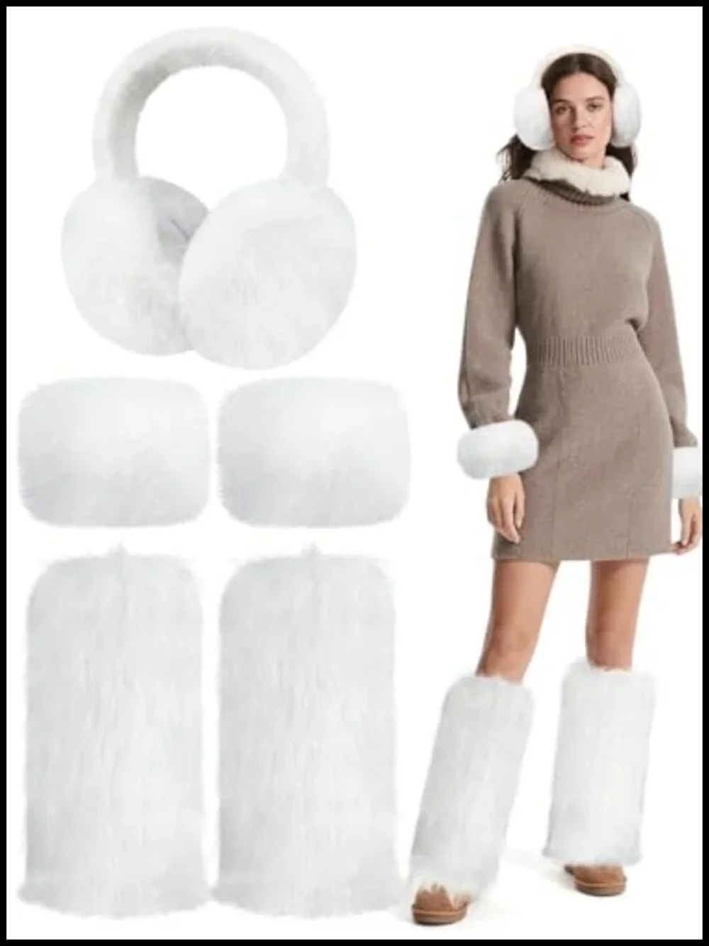 Faux Fur Wrist Cuffs Leg Warmers Headband Ear Muff Set for Women Winter
